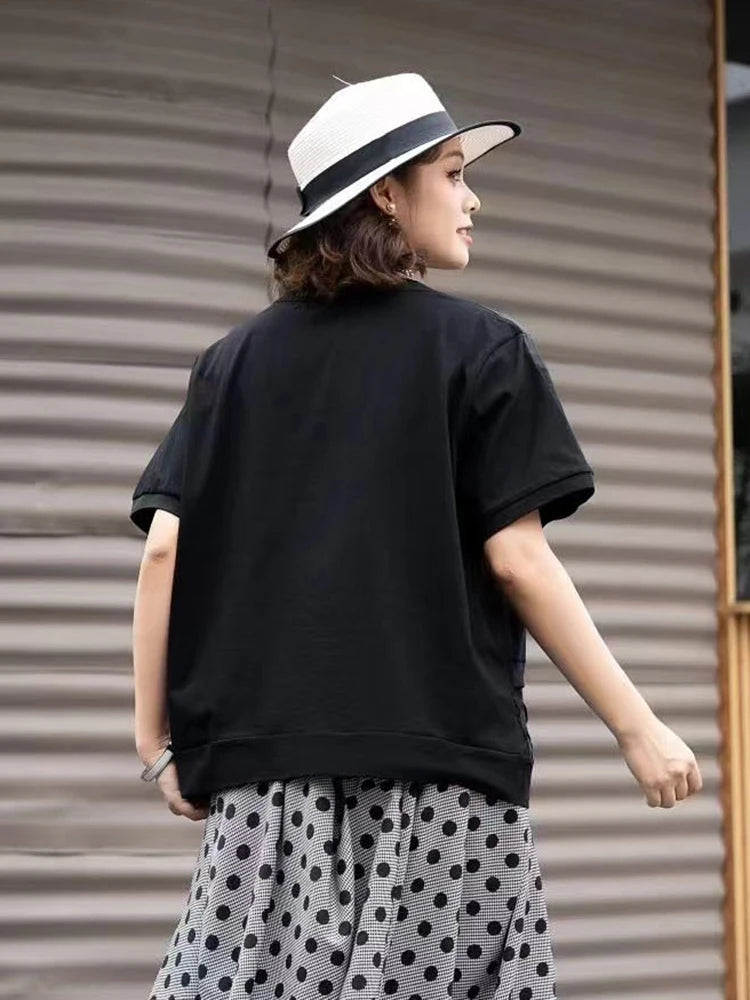 XITAO Folds Causal Female T-shirt Loose Solid Color Women Top Irregular Splicing Short Sleeve Summer New GJ1051