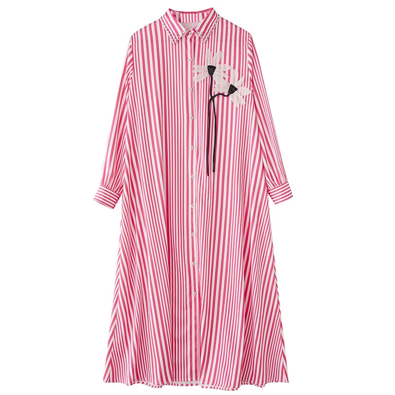 XITAO Stripe Single Breasted Lapel Flower Dress Casual Full Sleeve Loose Fitting New Simple Ankle-length Women Dress ZY8927