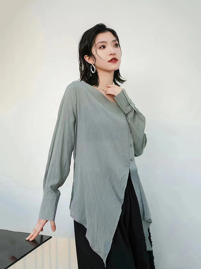 XITAO Irregular Solid T-shirt Asymmetrical Collar Full Sleeve Loose Simplicity All Match Casual Fashion Women New Top LYD1762