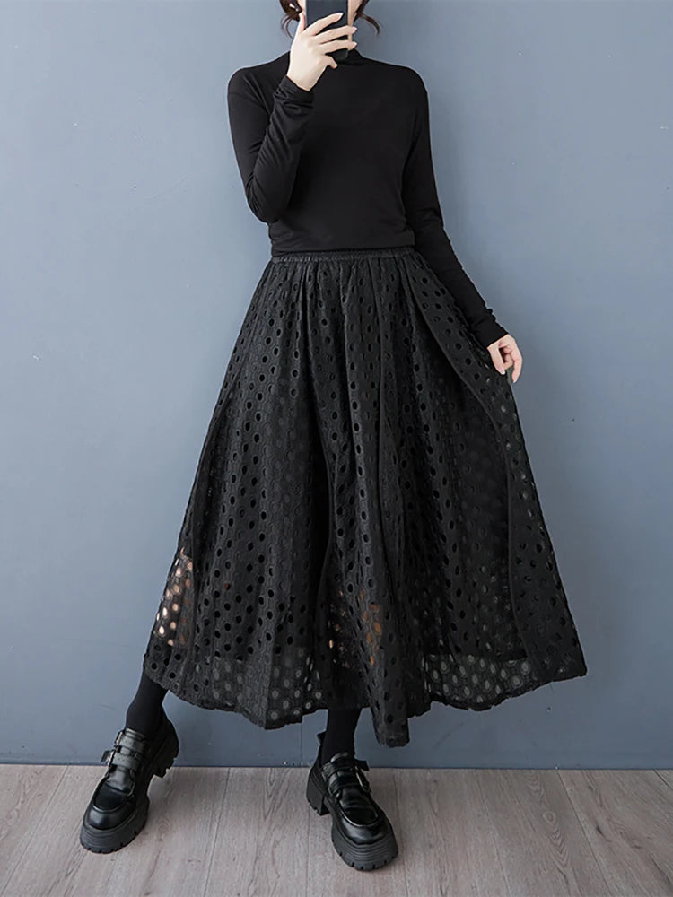 XITAO Irregular Hollow Out Lace Elastic Waist Skirt Solid Color A-line Casual Fashion Elegant Thin Autumn Women Skirt GMM1220