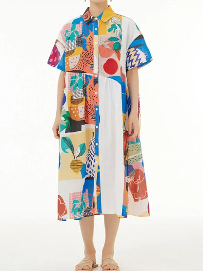 XITAO Patchwork Print Dress Women Personality Fashion Loose Turn-down Colla Short Sleeve Dress Korea 2023 Summer New SMH2005