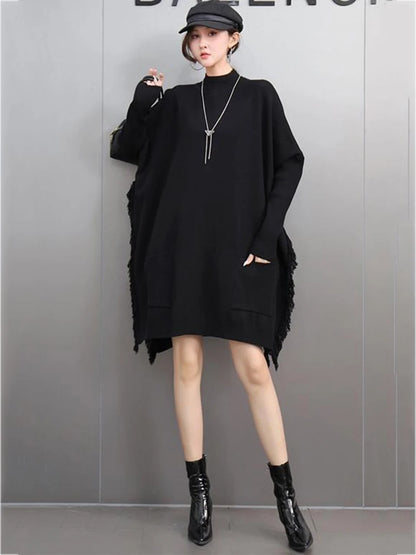 XITAO Popular Casual Tassel Loose Women Pullover Batwing O-neck Long Style Autumn Solid Color Knitting Female Sweater GMM1017