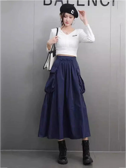 XITAO Pocket Patchwork Folds Solid Color Skirt A-line Mid-calf Fashion All Match Slimming Casual Temperament Loose Skirt GMM1341