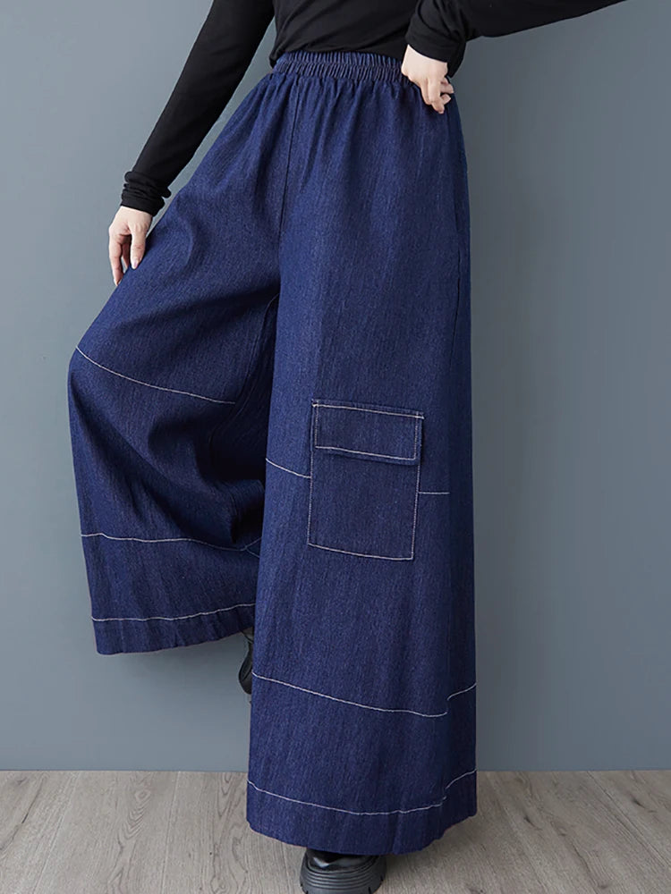 XITAO Wide Leg Pocket Women Pant Solid Color Casual Ankle-length Elastic Waist Fashion Trend Autumn Female Trousers GMM1221