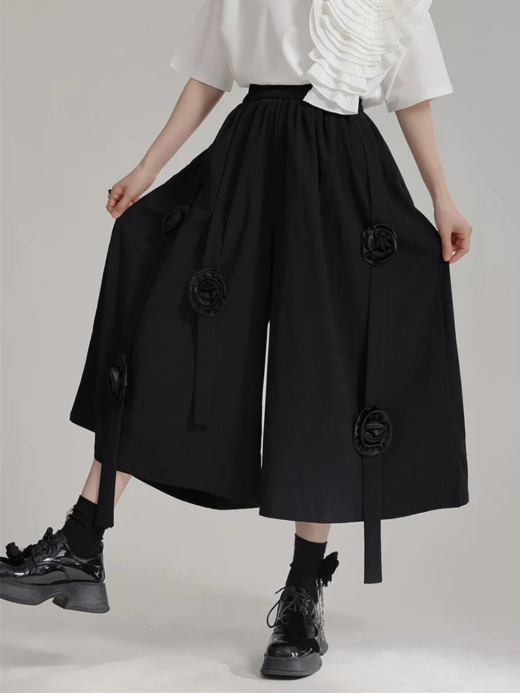 XITAO Black Casual Wide Leg Pants Personality Three-dimensional Flower Splicing Decoration Women Pants 2024 Summer New LYD1890