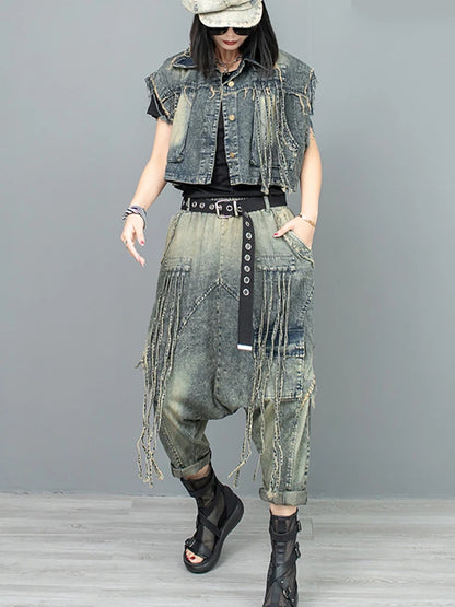 XITAO Tassels Pant Set Turn Down Collar Vest Sleeveless Personality Crotch Pants Spring Fashion Women Two-piece Sets LYD1743