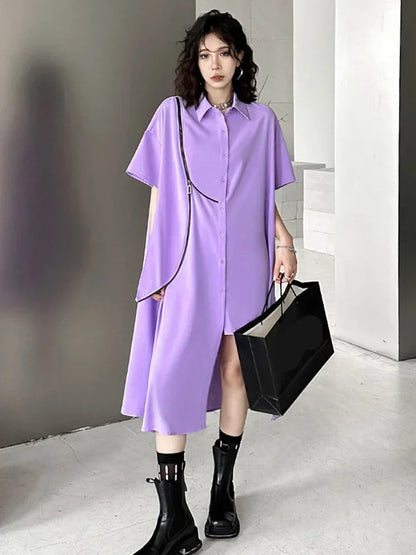 XITAO Single Breasted Solid Dress Women Korea 2024 Summer New Arrival Personality Fashion Loose Short Sleeve Dress WLD11326