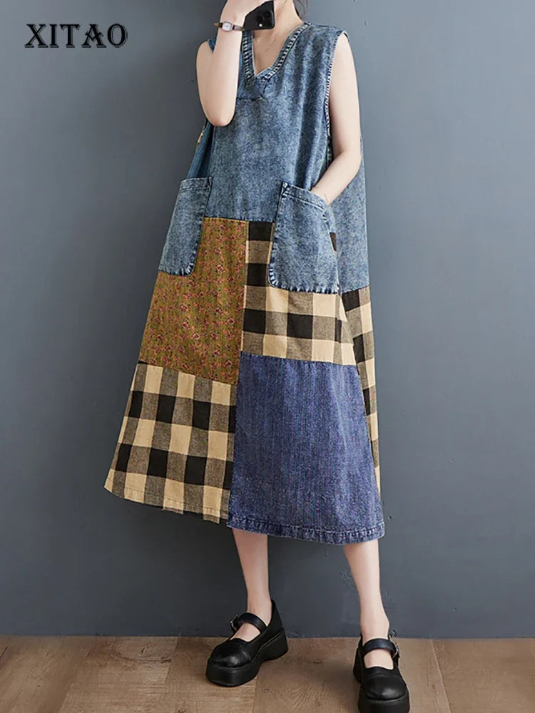 XITAO Sleeveless Denim Plaid Dress Fashion Simplicity V-neck Pullover Vintage Patchwork Dress Summer New Women HQQ1088