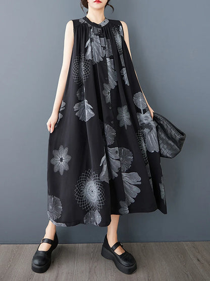 XITAO Printing Fold O-neck Sleeveless Dress Mid-calf A-line Pullover Simple Personality Solid Color Summer Women Dress GMM1310