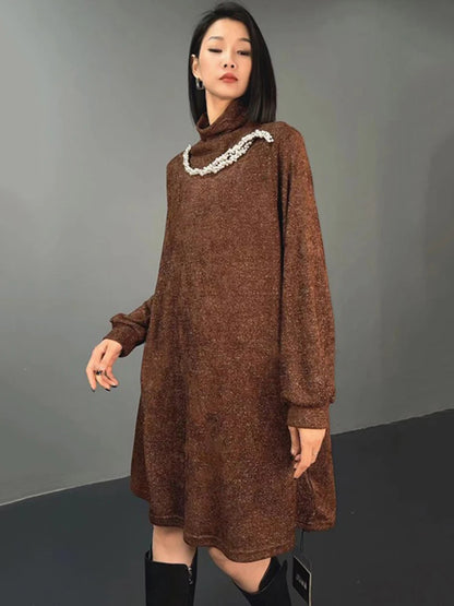 XITAO Pullover Knitted Patchwork Women Dresses Long Sleeve Casual Hollow Out Embroidered Flares Female Dresses 2024 New GYX1050