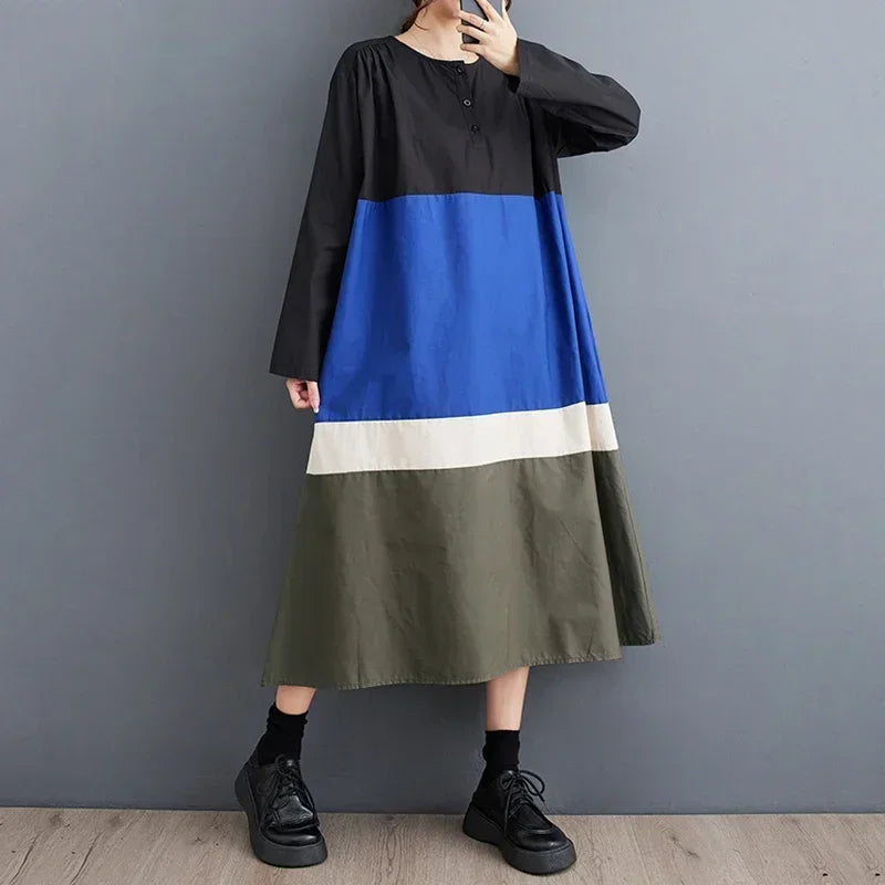 XITAO Casual Dress Simplicity Contrast Color Splicing Loose Long Sleeve Pullover O-neck Women Dress Initial Spring New ZZ0010