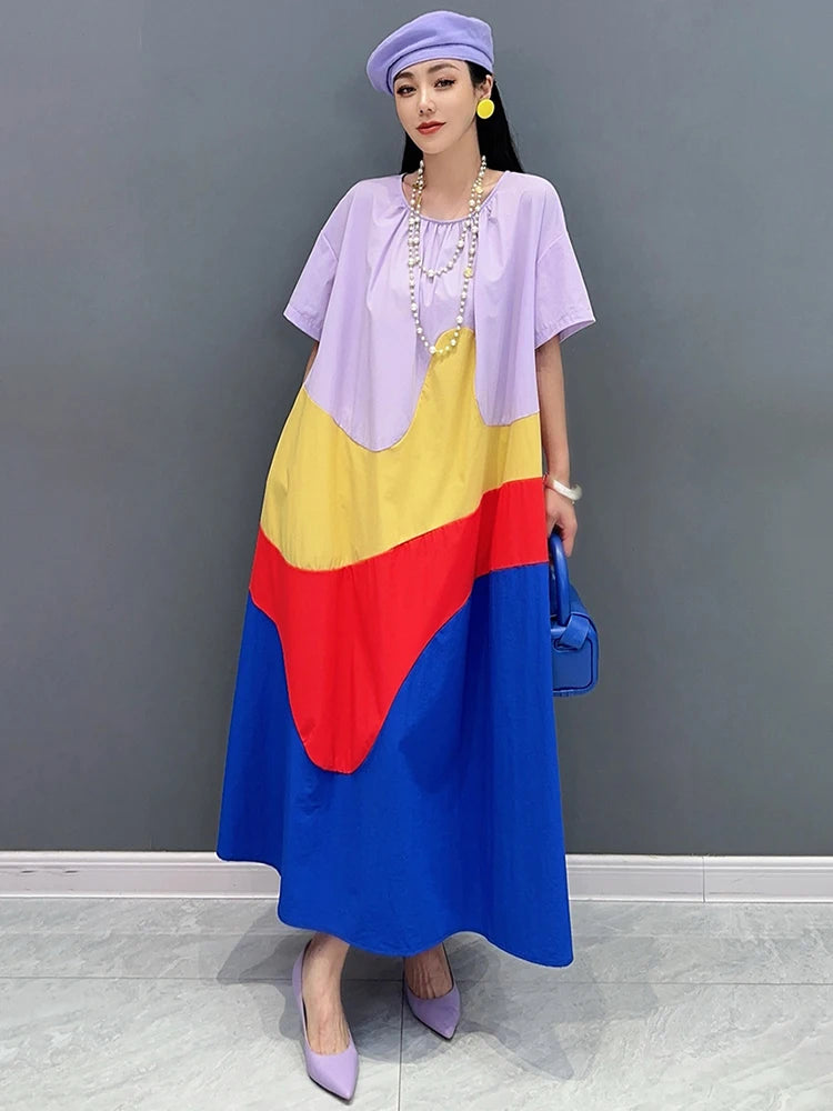 XITAO Loose Patchwork O-neck Female Dress Fashion Contrast Color Women Summer New Casual Irregular Simplicity Dress ZY8757