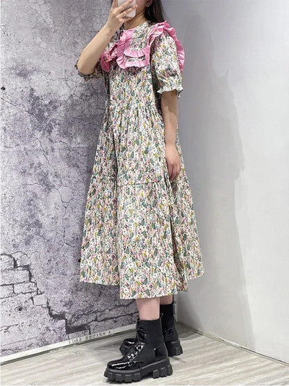 XITAO Floral Print Dress Fashion French Loose Naval Leader Dress Contrast Collar Edible Tree Fungus Splicing Women LDD1435