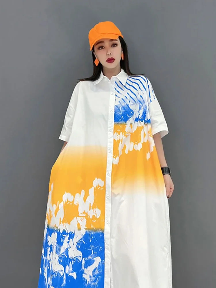 XITAO Casual Print Shirt Dress Asymmetrical Contrast Color Splicing Simplicity Turn-down Collar Women New 2024 Summer WMD4675