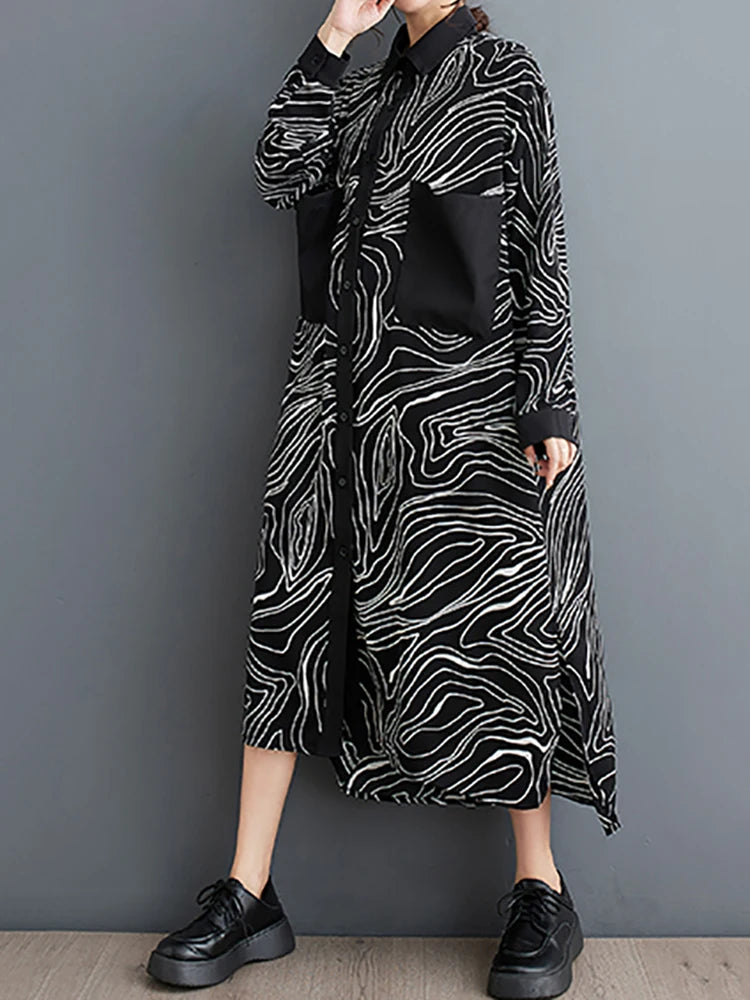 XITAO Patchwork Printing Loose Dress Turn-down Collar Full Sleeve Casual Big Pocket Spring Fashion Women New Dress LYD1702