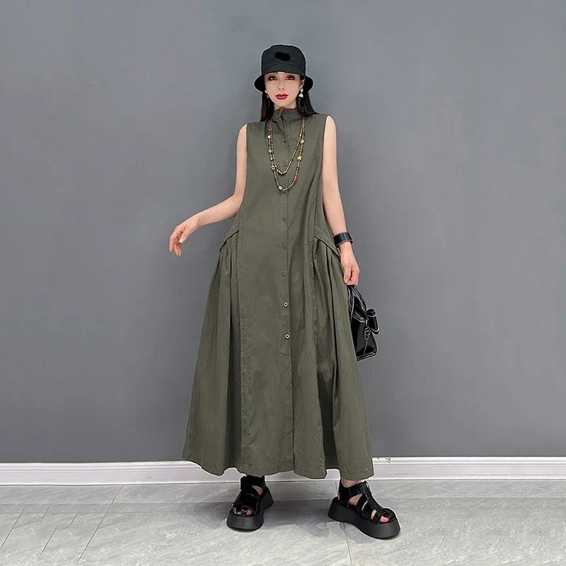 XITAO Folds Splicing Dress Loose Fashion Solid Color Casual Stand Collar Temperament Sleeveless Vest Dress Summer New WMD6465