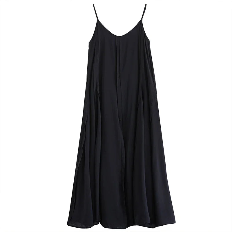 XITAO Fashion Black Spaghetti Strap Simplicity New Pleated 2024 Women Summer Casual All-match A-line Pullover Dress DMJ1336