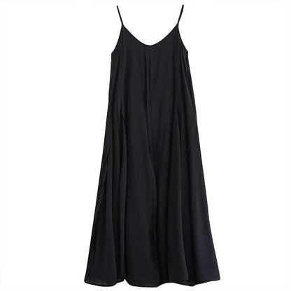 XITAO Fashion Black Spaghetti Strap Simplicity New Pleated 2024 Women Summer Casual All-match A-line Pullover Dress DMJ1336