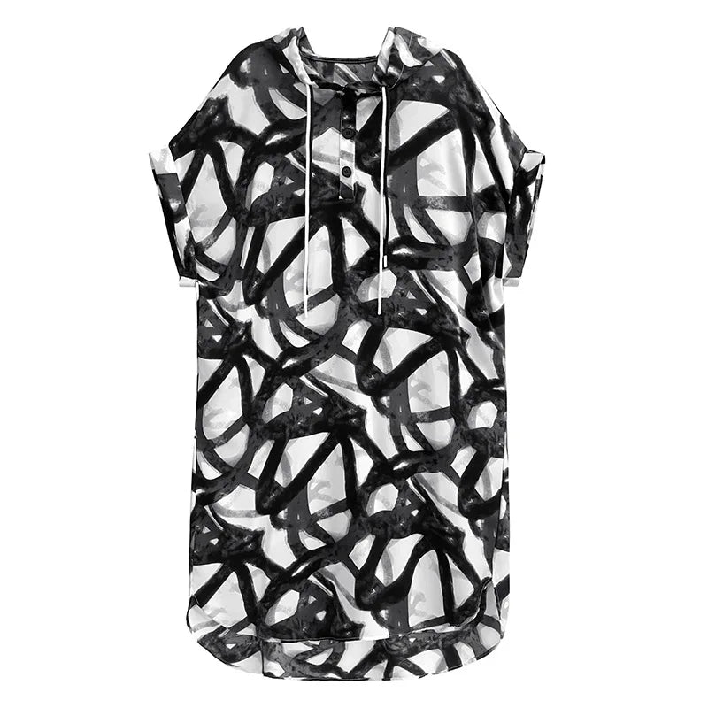 XITAO Fashion Print Hooded Dress Causal Loose Contrast Color Short Sleeve Women Summer Simplicity New Pullover Dress DMJ1454