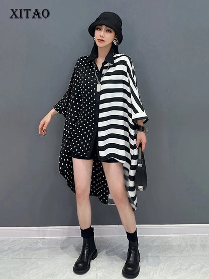 XITAO Asymmetric Casual Stripes Shirt Turn Down Collar Short Sleeved Polka Dot Patchwork Stripes Loose Women New Top LYD1783