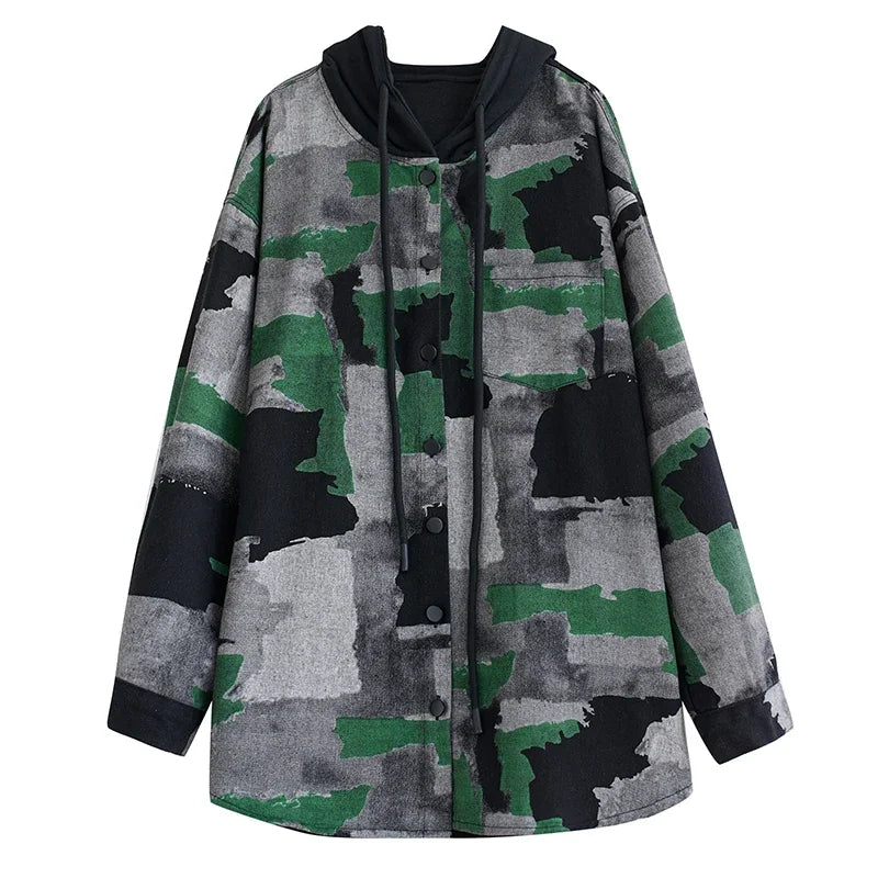 XITAO Camouflage Hooded Single Breasted Jackets Long Sleeve Vintage Loose Fashion Slimming 2024 Spring New Casual  LYD1477