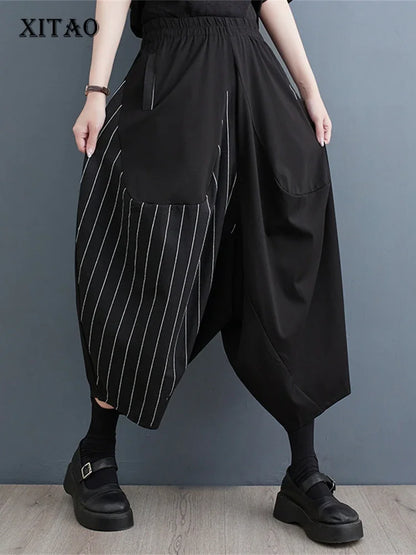 XITAO Striped Calf Length Pants Fashion Women Goddess Fan Casual Style Loose Elastic Waist Wide Leg Pants Summer WLD11631