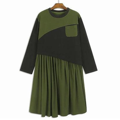 XITAO Contrast Color Patchwork O-neck Full Sleeve Female Dress Loose Casual Fashion Autumn New Women Temperament Dress DMJ5003