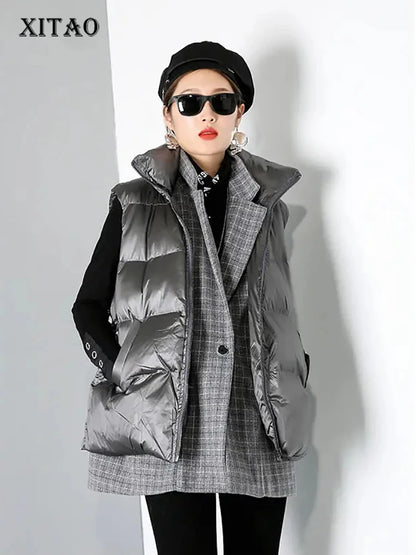 XITAO Splicing False Two Pieces Vest Thicken Keep Warm Women Winter New Double Layer Turn Down Collar Street Fashion ZY2409