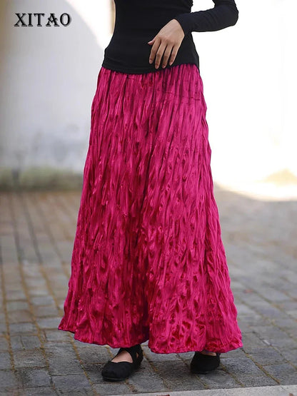 XITAO Pleated Female Elastic Waist Skirt Solid Color Loose Fashion Casual A-line Temperament Ankle Length Women Skirt ZYY1044