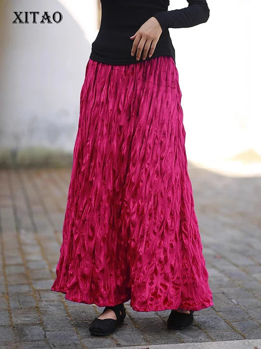 XITAO Pleated Female Elastic Waist Skirt Solid Color Loose Fashion Casual A-line Temperament Ankle Length Women Skirt ZYY1044