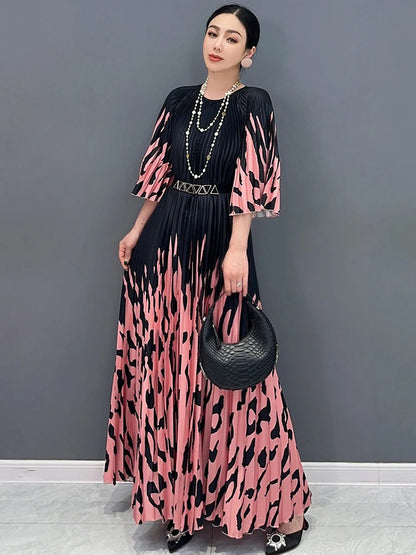 XITAO Print Pleated O-neck Three Quarter Sleeve Dress Elegant Temperament Loose  Fashion Summer New Goddess Fan Dress LYD1881