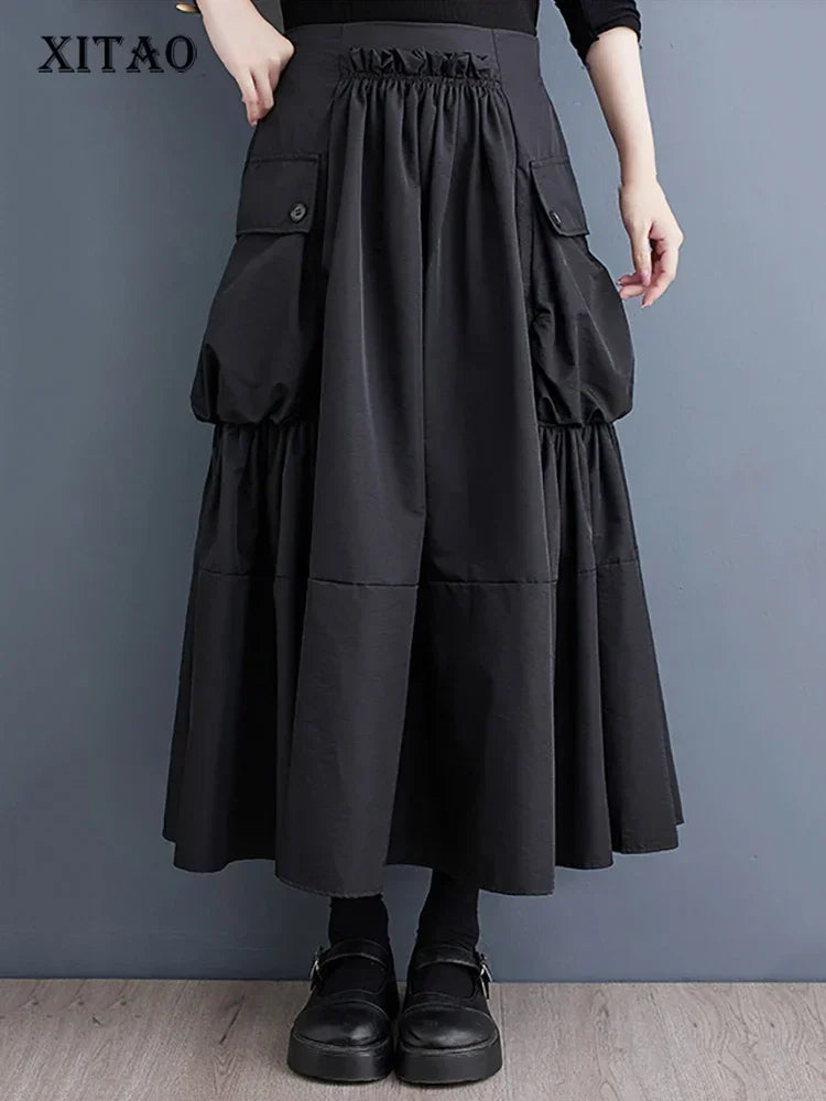 XITAO Personality Folds Patchwork Pocket Skirt Solid Color All-match Women Spring New Arrival Trend Street Wind Skirt LYD1228