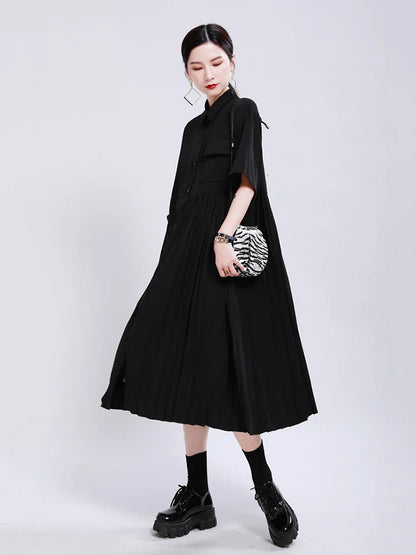 XITAO Patchwork Pleated Pocket Elegant Dress Women Clothes 2020 Summer New Fashion Turn Down Collar Loose Dresses DMY4747