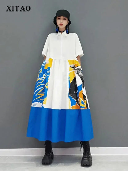 XITAO Print Patchwork Casual Dress Women Tide Fashion New Korean Style Turn Down Collar Short Sleeve Elegant Draped CLL1453