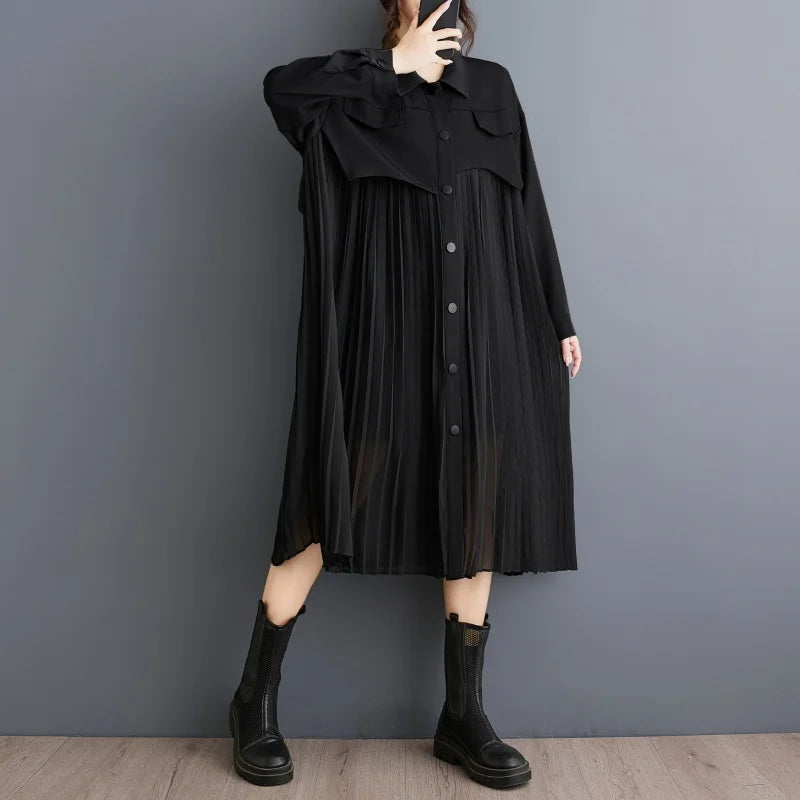 XITAO Contrast Color Single Breasted Dress Turn-down Collar Patchwork Long Sleeve Loose Slimming Shirt Dress 2024 Autumn GYX1032