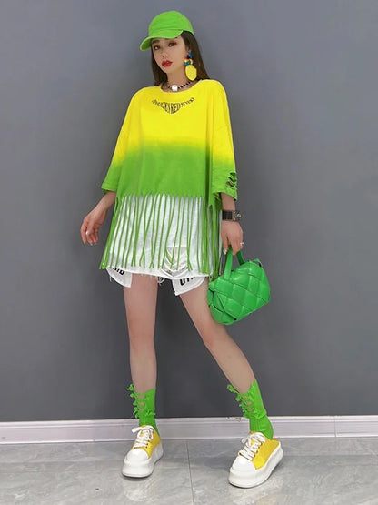 XITAO Patchwork Tassel T-Shirt Women Korea Summer New Personality Fashion Loose O-neck Three Quarter Sleeves T-Shirt ZY6822