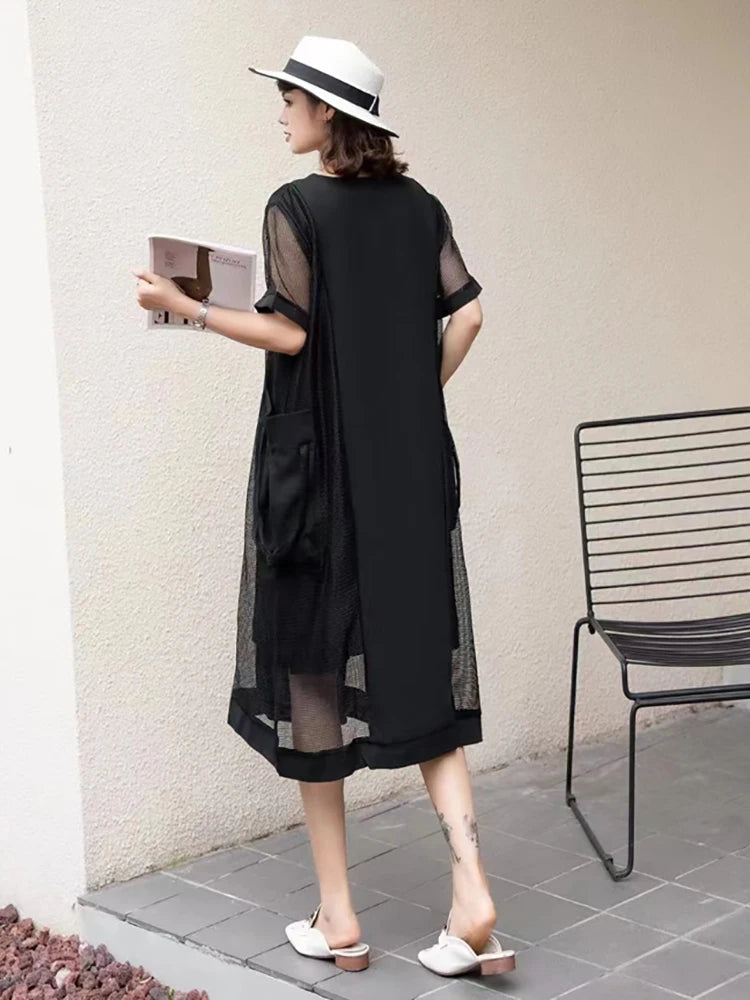 XITAO Gauze Patchwork O-neck Short Sleeve Dress Solid Color Pullover Loose Mid-calf Fashion Dress Summer Casual GJ1053