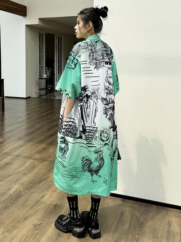 XITAO Chinese Style Printing Short Sleeve Dress Vintage Fashion Female New Summer Single Breasted A-line Shirt Dress DMJ4080