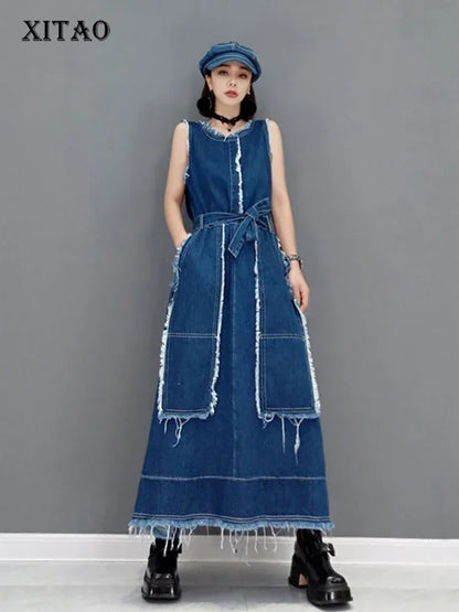 XITAO New Sleeveless Denim Bandage Dress Burrs Fashion Simplicity Temperament O-neck Collar Women Autumn Loose CLL1258