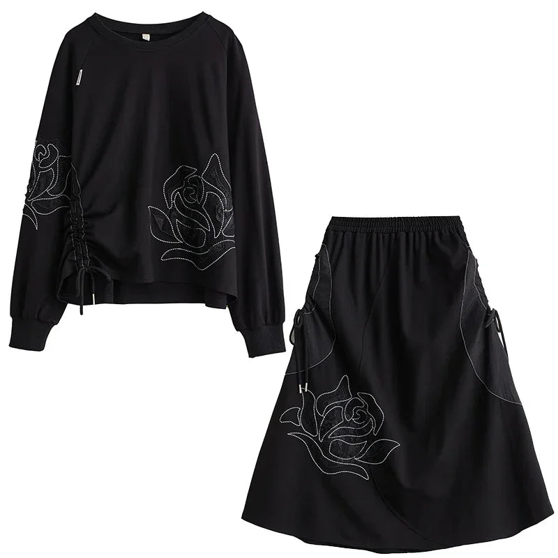 XITAO Casual Black Dress Sets Fashion Loose Top Skirt Two Pieces Sets Asymmetrical Draw String Patchwork Decoration DMJ3107