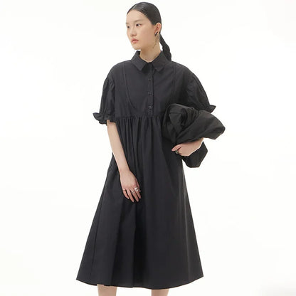 XITAO Solid Pleated Dress Women Korea Summer New Personality Fashion Loose Turn-down Collar Short Sleeve Dress WLD7387