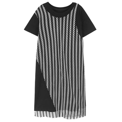 XITAO False Two Pieces T-shirt Dress Contrast Color Hollow Out Patchwork O-neck Loose Casual Women Summer A-line Dress ZY8851