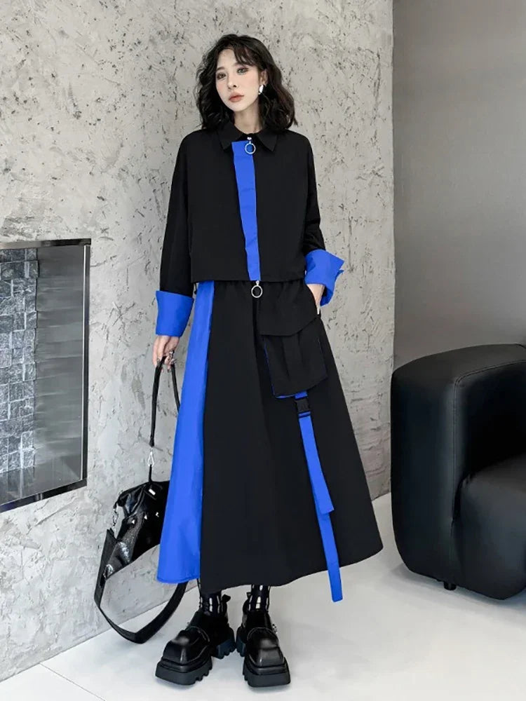 XITAO Contrast Color Patchwork Dress Sets Zipper Turn-down Collar Tops Elastic Waist Pocket Mid-calf Casual Skirts Autumn LJ1025