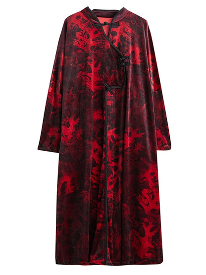 XITAO Velvet Printing Dress Stand Collar Coil Buckle Long Sleeve Vintage Literary Artistic National Style Dress New DMJ3415