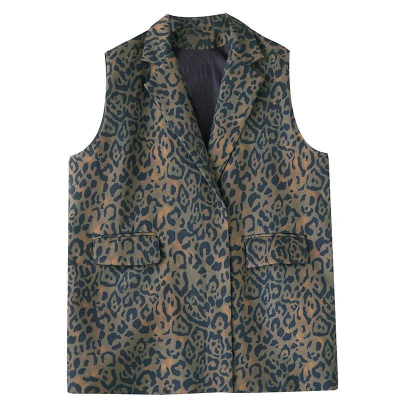 XITAO Solid Color Casual Turn-down Collar Sleeveless Vest New Leopard Print Hidden Buckle Hong Kong Autumn Female Coat GMM1131