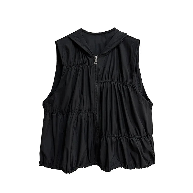 XITAO Irregular Folds Hooded Vests Solid Color Casual Fashion Loose Sleeveless Top Summer New Simplicity Women Vests ZY8870