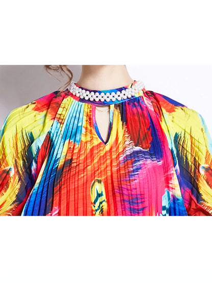 XITAO Pleated Print Dress Beading Stand Collar Fashion Temperament Half Sleeve Women A-ling Dress 2024 Summer New HQQ2359