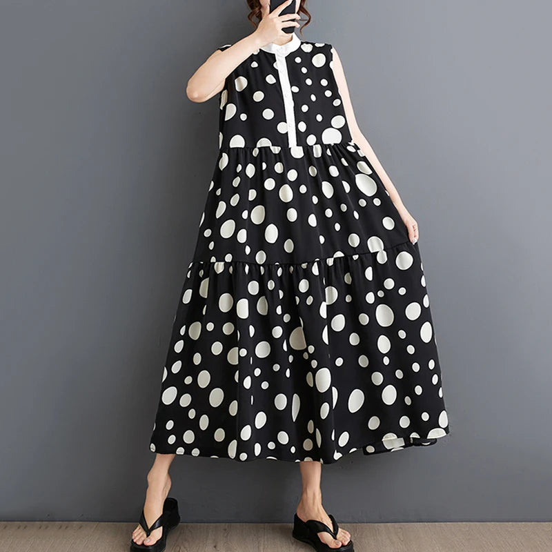 XITAO Print Sleeveless Stand Collar Dress Polka Dot Fashion Contrast Color Casual Loose All-match Pullover A-line Dress ZY8809