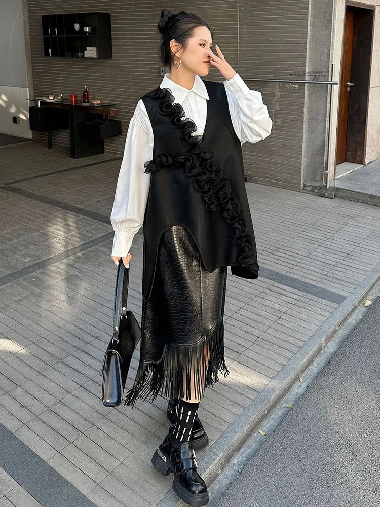 XITAO Edible Tree Fungus Asymmetrical Pu Vest Three-dimensional Decoration Patchwork Pullover Fashion Casual Loose Tops GMM1244