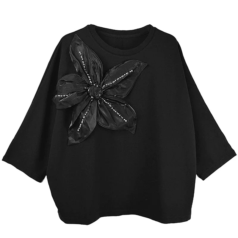 XITAO O-neck Three Quarter Sleeve Three Dimensional Decoration T-shirt Loose Casual Temperament 2024 Women New Top HJF21856